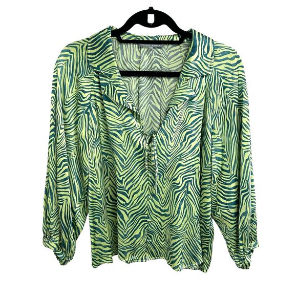 Oliver Bonas Green Satin Zebra Print Button Up Tie Front Collared Top 6 - Picture 2 of 6